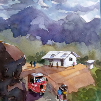 Painting titled "Busy Village" by Thejana Roshan Kumara, Original Artwork, Watercolor