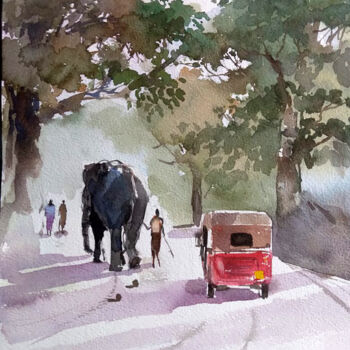 Painting titled "Morning Walks" by Thejana Roshan Kumara, Original Artwork, Watercolor