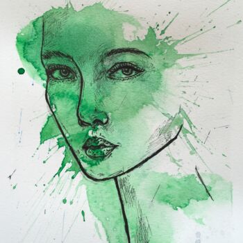 Malerei mit dem Titel "Green woman 1" von Thekla Kellmann, Original-Kunstwerk, Aquarell