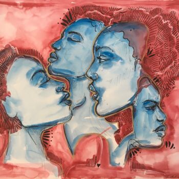 Painting titled "Blue and red Women" by Thekla Kellmann, Original Artwork, Watercolor