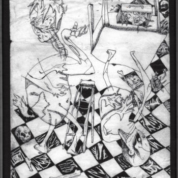 Рисунок под названием "Double Damier" - Themroc, Подлинное произведение искусства, Шариковая ручка Установлен на Деревянная…
