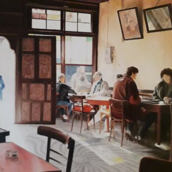 Painting titled "Coffee shop" by Theodoros Markopoulos, Original Artwork, Oil