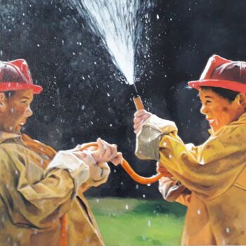 Painting titled "Little firemen." by Theodoros Markopoulos, Original Artwork, Acrylic