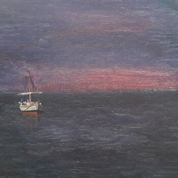 Painting titled "Small boat" by Theodoros Markopoulos, Original Artwork, Oil Mounted on Cardboard