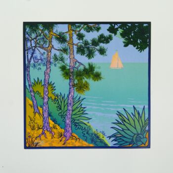 Printmaking titled "Les pins" by Théophile Gaillot, Original Artwork, Linocuts Mounted on Wood Panel