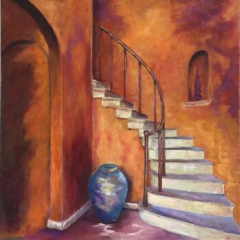 Painting titled "L’escalier" by Thérèse Alba, Original Artwork, Oil Mounted on Wood Stretcher frame