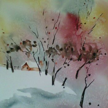 Painting titled "SOLEIL D'HIVER" by Thérese Hanot, Original Artwork, Watercolor