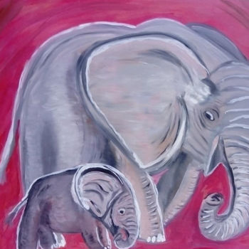 Painting titled "Elephante et son pe…" by Therese  Lyssia, Original Artwork, Oil Mounted on Wood Stretcher frame