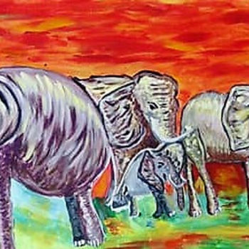 Картина под названием "Elephant soleil cou…" - Therese  Lyssia, Подлинное произведение искусства, Акрил Установлен на Деревя…