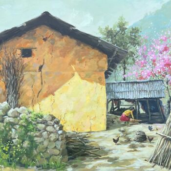 Painting titled "Nắng chiều vùng cao…" by Thi Dung Nguyen, Original Artwork, Acrylic