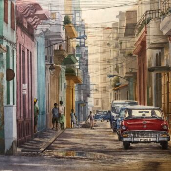 「Une rue à La Havane」というタイトルの絵画 Thierry Brunnerによって, オリジナルのアートワーク, 水彩画
