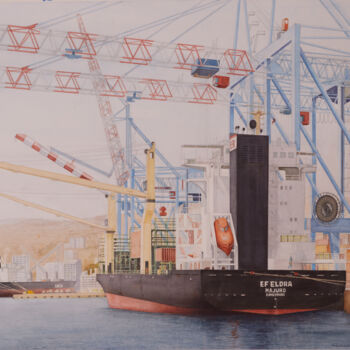 Painting titled "Cargo à Valparaiso,…" by Thierry Brunner, Original Artwork, Watercolor