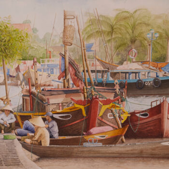 Painting titled "Port Vietnam" by Thierry Brunner, Original Artwork, Watercolor