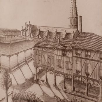 Drawing titled "Mirepoix sa Cathédr…" by Thierry Roussel, Original Artwork, Pencil Mounted on Wood Stretcher frame