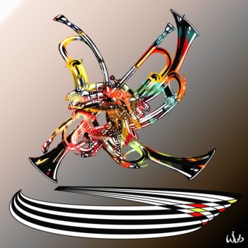 Digitale Kunst getiteld "Trompettes en délire" door Wub, Origineel Kunstwerk, Digitaal Schilderwerk Gemonteerd op Aluminium