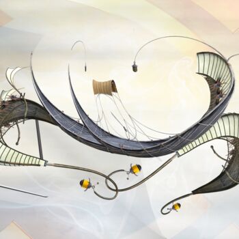 Digitale Kunst getiteld "Gondoles" door Wub, Origineel Kunstwerk, Digitaal Schilderwerk Gemonteerd op Aluminium