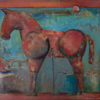 Painting titled "cheval rouge 1" by Thierry Merget, Original Artwork, Acrylic Mounted on Wood Stretcher frame