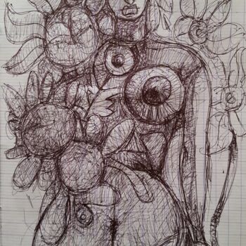 Dessin intitulée "Flowers woman" par Thierry Pujalte, Œuvre d'art originale, Stylo à bille