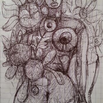 Drawing titled "Flowers woman" by Thierry Pujalte, Original Artwork, Ballpoint pen