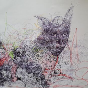 Dessin intitulée "La belle et la bête…" par Thierry Pujalte, Œuvre d'art originale, Stylo à bille