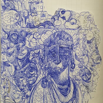 Disegno intitolato ""femme au regard tr…" da Thierry Pujalte, Opera d'arte originale, Biro