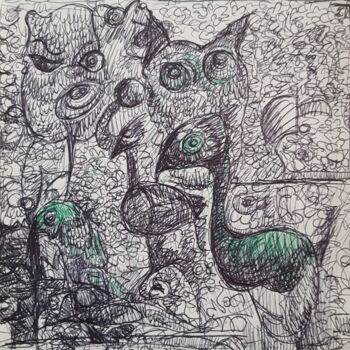 Drawing titled ""Jardin d'oiseaux é…" by Thierry Pujalte, Original Artwork, Ballpoint pen