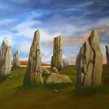 Schilderij getiteld "Callanish stones" door Thierry Robert, Origineel Kunstwerk, Olie Gemonteerd op Frame voor houten branca…