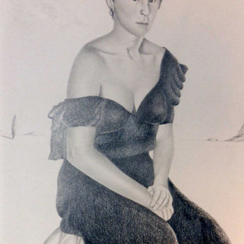 Drawing titled "Jeune femme en robe…" by Thierry Robert, Original Artwork, Pencil
