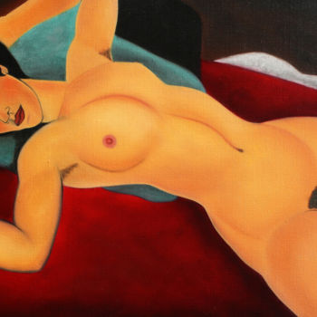 Картина под названием "Nu couché les bras…" - Thierry Robert, Подлинное произведение искусства, Масло
