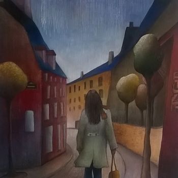 Painting titled "Rue des Renaudes" by Thierry Robin, Original Artwork, Gouache Mounted on Wood Stretcher frame