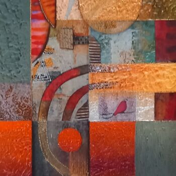 Collages titled "L'oiseau rouge" by Thierry Robin, Original Artwork, Collages Mounted on Cardboard