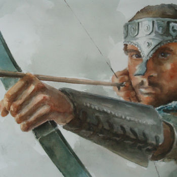 Painting titled "L'Archer" by Thierry Seurre, Original Artwork, Watercolor
