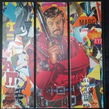 Collages intitulée "Roger Moore pop" par Thierry Spada, Œuvre d'art originale, Collages Monté sur Panneau de bois