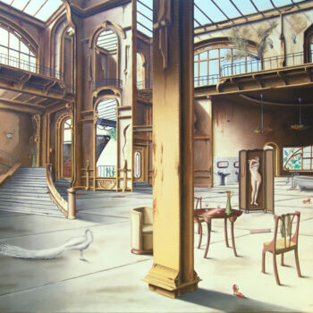 Malerei mit dem Titel "Le paravent (Sous b…" von Thierry Van Quickenborne, Original-Kunstwerk, Öl Auf Keilrahmen aus Holz mo…