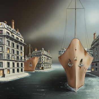 Картина под названием "Passagers - Reprodu…" - Thierry Van Quickenborne, Подлинное произведение искусства, Масло