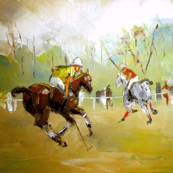 Schilderij getiteld "Polo-devant-le-bois-" door Thierry Faure, Origineel Kunstwerk, Olie Gemonteerd op Frame voor houten bra…
