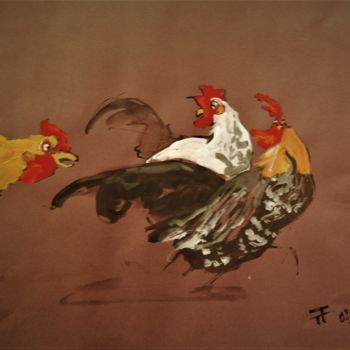 Dibujo titulada "Etude coqs-sur papi…" por Thierry Faure, Obra de arte original, Gouache