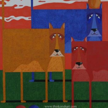 Pintura intitulada "3 Dogs and 3 Balls" por Stephen Diggin, Obras de arte originais