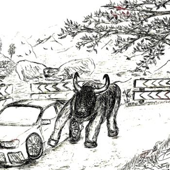 Рисунок под названием "Taureau vs voiture…" - Thomas Blondeau-Dumoulin, Подлинное произведение искусства, Шариковая ручка