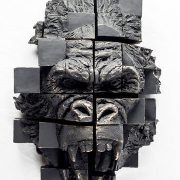 Sculpture titled "Gorille hurlant" by Thomas Boury, Original Artwork, Ceramics Mounted on Wood Panel