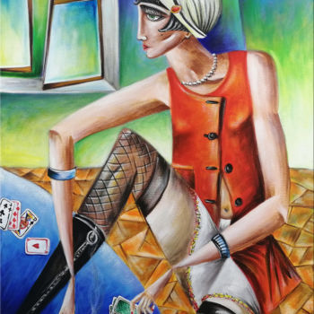Painting titled "Queen of Spades" by Thomas Lange, Original Artwork, Oil Mounted on Wood Stretcher frame