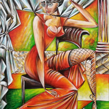 Painting titled "Woman Chillout #M73" by Thomas Lange, Original Artwork, Oil Mounted on Wood Stretcher frame