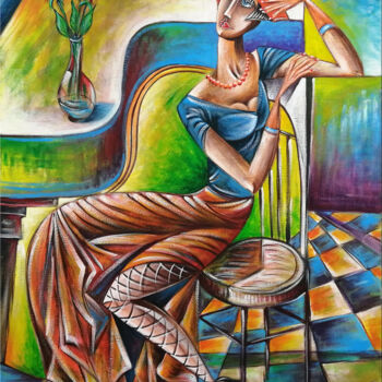 Painting titled "Woman Chillout #M92" by Thomas Lange, Original Artwork, Oil Mounted on Wood Stretcher frame