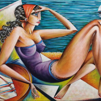Painting titled "Woman Chillout #M106" by Thomas Lange, Original Artwork, Oil Mounted on Wood Stretcher frame