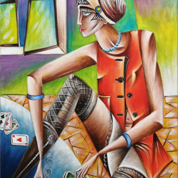 Painting titled "Woman Chillout #M109" by Thomas Lange, Original Artwork, Oil Mounted on Wood Stretcher frame