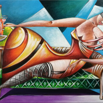 Painting titled "Woman Chillout #M119" by Thomas Lange, Original Artwork, Oil Mounted on Wood Stretcher frame