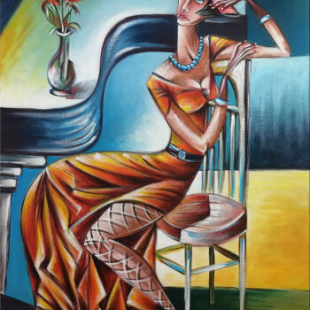 Painting titled "Woman Chillout #M161" by Thomas Lange, Original Artwork, Oil Mounted on Wood Stretcher frame