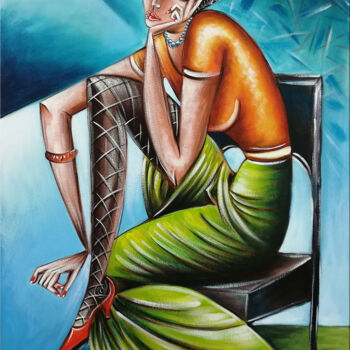 Painting titled "Woman Chillout #M163" by Thomas Lange, Original Artwork, Oil Mounted on Wood Stretcher frame