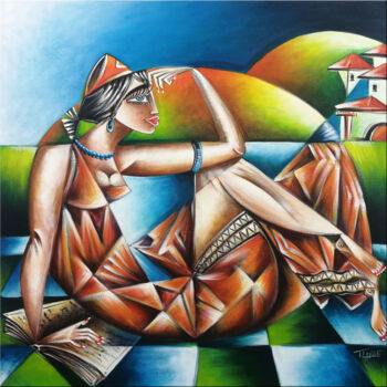 Painting titled "Woman Chillout #M174" by Thomas Lange, Original Artwork, Oil Mounted on Wood Stretcher frame