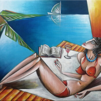 Painting titled "Woman Chillout #M179" by Thomas Lange, Original Artwork, Oil Mounted on Wood Stretcher frame
